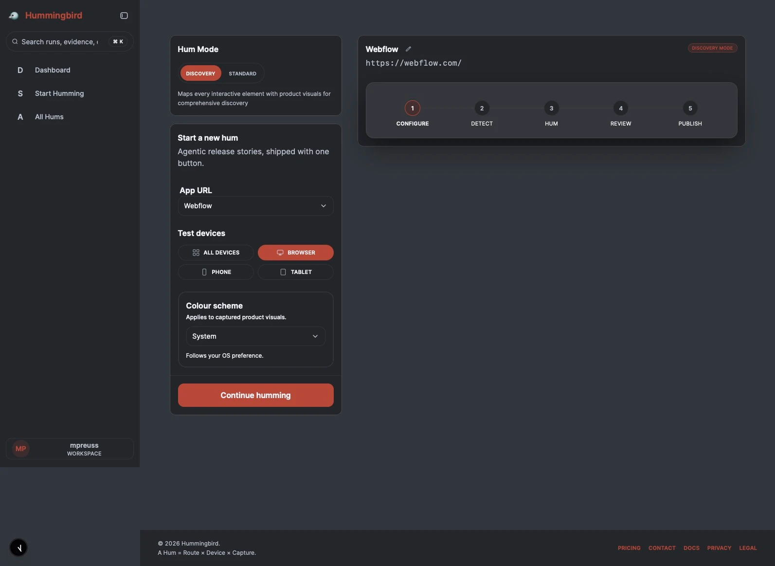 Product visual showing Hum setup with Hum mode, app URL, and device selection before Start humming.