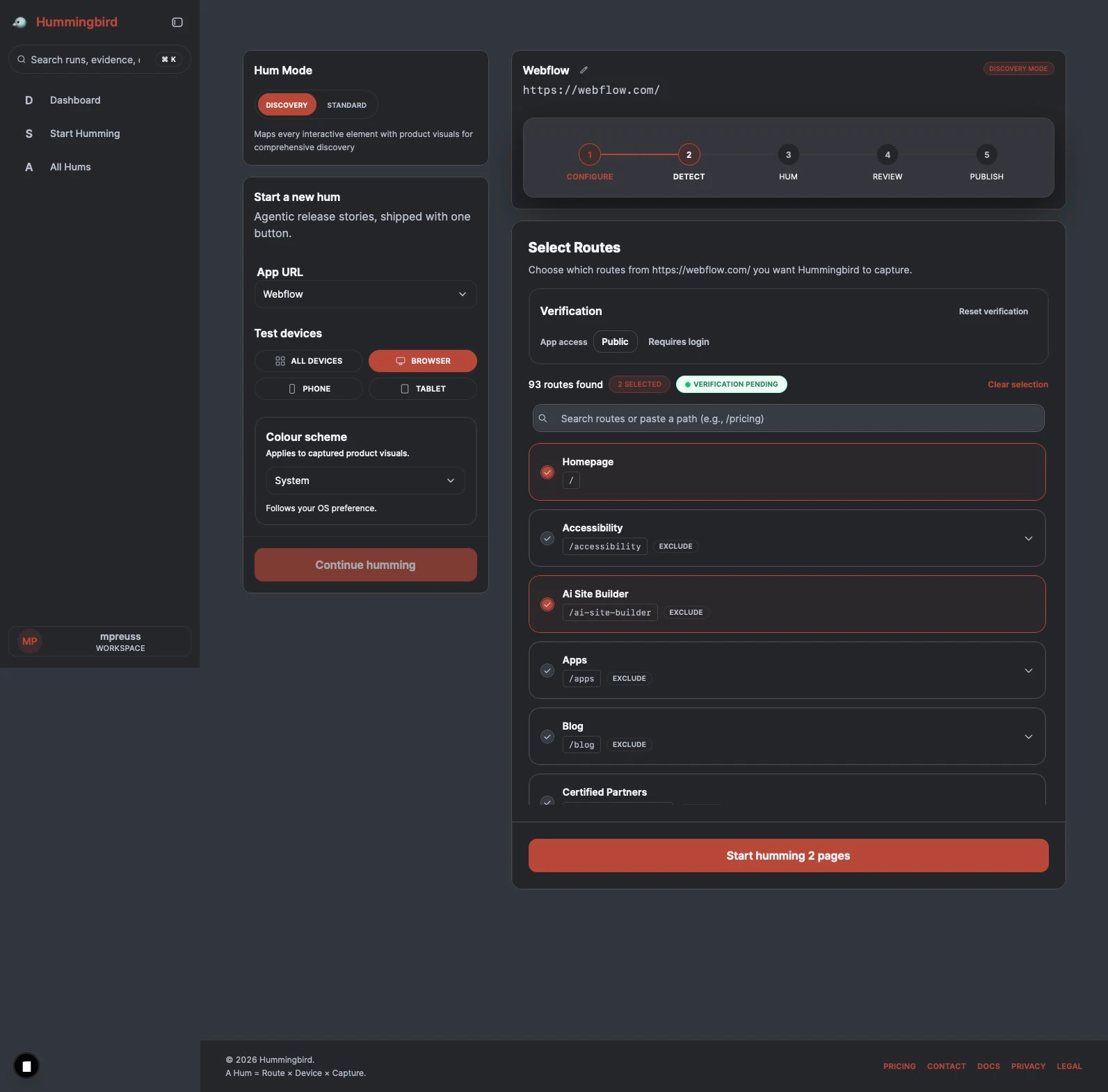 Product visual showing route selection for a Hum, including verification state and a Start humming button.