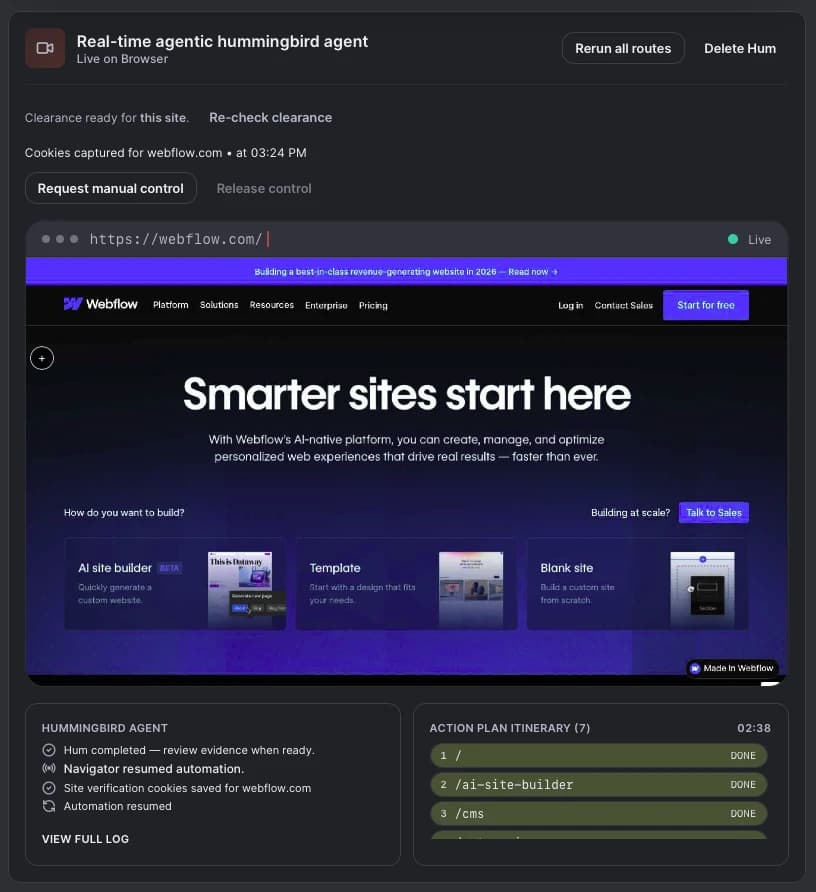 Product visual showing a live capture session with a real-time browser view and action plan itinerary.