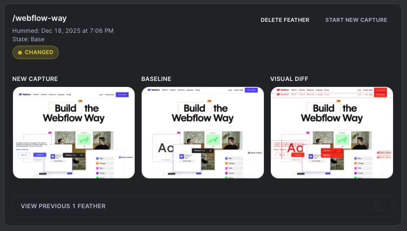 Product visual showing a Feather with new capture, baseline, and visual diff side-by-side.