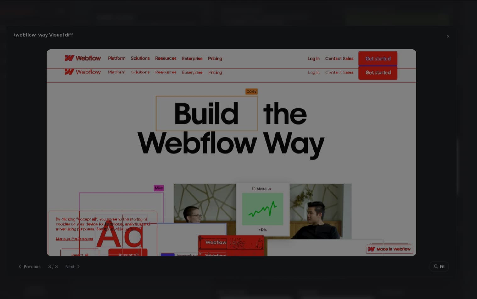 Product visual showing a full-size visual diff overlay with highlighted changes.