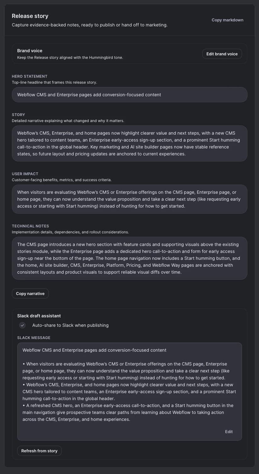 Product visual showing the release story editor with a draft narrative and Slack message ready to review.